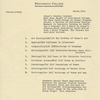 Typed document from Providence College's Department of English, dated March 1993. It outlines the proposal for a Women's Studies minor with course titles and numbers across various subjects such as Art History, English, Linguistics, Philosophy, Theology, Political Science, Psychology, and Sociology