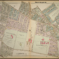 Map showing detailed street layouts, parks, and landmarks like City Hospital and Providence College, with a reference key on the right.
