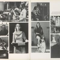 Collage of black and white photographs. The left page features images of students engaged in different activities such as working in a cafeteria, reading, and sitting on a couch. The right page includes images of students conducting experiments, riding an exercise bike, and studying at a desk. There is also text that reads: 'The best learn how to learn, then do it! And no one ever outgrows education because the necessity to understand never takes a day off.'
