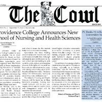 Front page of The Cowl newspaper from September 15, 2022, announcing Providence College’s new School of Nursing and Health Sciences and highlighting its #1 ranking among Regional Universities North.