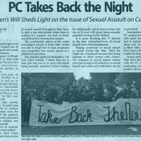 newspaper article titled "PC Takes Back the Night" with a subtitle "Women's Will Sheds Light on the Issue of Sexual Assault on Campus." The article, written by David Torro '16, discusses an event called Take Back the Night, which took place at Providence College to raise awareness about sexual assault and support survivors. The accompanying image shows a group of people holding a large banner that reads "Take Back The Night."