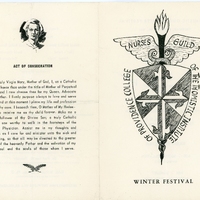 Pamphlet featuring a prayer titled 'Act of Consecration' and an emblem for the Nurses Guild of the Thomistic Institute of Providence College with the text 'Winter Festival' below it.