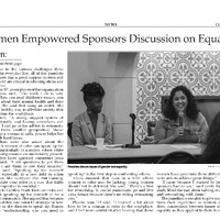 Newspaper article titled "Women Empowered Sponsors Discussion on Equality" with a photo of three women sitting at a table, participating in a discussion. The article continues from the front page and discusses various challenges women face and the importance of support systems and taking action for equality.