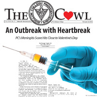 Front page of The Cowl newspaper from February 12, 2015, with the headline 'An Outbreak with Heartbreak' about a meningitis scare at Providence College, featuring a photo of a gloved hand holding a syringe.