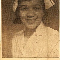 Newspaper clipping titled 'FIRST NURSE ON HOSPITAL STAFF' featuring Marion Oliver wearing scrubs and posing for a portrait.