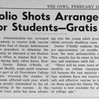 Newspaper clipping from The Cowl dated February 13, 1957, announcing free Salk polio vaccine shots for students at Providence College.