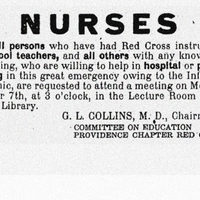 Historical notice from the Providence Chapter Red Cross calling for nurses and others with nursing knowledge to assist during the Influenza Epidemic, dated October 7.