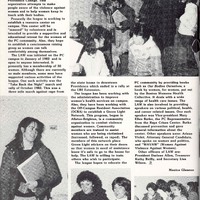 black and white newsletter page titled "Discover League of Aware Women." The page contains several images of women participating in various activities, such as reading books and attending meetings. The text discusses the League of Aware Women and highlights the group's efforts to educate the public on these issues through rallies, book distributions, and other community events.