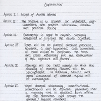 Handwritten document titled "Constitution" with six articles outlining the objectives, membership criteria, election process, meeting schedules, and amendment procedures for an organization called the League of Aware Women.