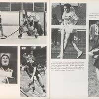 Two-page spread from a yearbook featuring various sports images and a short epilogue. The left page has four black-and-white photos: the top left shows two female hockey players in action, the top right shows a female tennis player hitting a ball, the bottom left shows a cheerleader with her face obscured by an edit, and the bottom right shows a basketball player mid-game. The right page has two black-and-white photos: the top photo shows a female athlete running on a track, and the bottom photo shows another cheerleader holding pom-poms. There is also text on both pages.