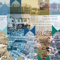 Collage of historical and modern visuals related to Providence College, featuring buildings, aerial views, newspaper clippings, maps, and people.