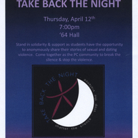 Flyer for an event titled "Take Back the Night" presented by Women Will & ResLife. The event was scheduled for Thursday, April 12th at 7:00pm in '64 Hall. The flyer encourages students to stand in solidarity and share their stories of sexual and dating violence anonymously. It features a circular logo with a crescent moon and the words "Take Back the Night" and "shatter the silence, stop the violence." Attendees are reminded to bring blankets and pillows to sit on, with refreshments served. The event is supported by Student Affairs & the Personal Counseling Center.