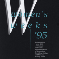 Poster for "Women's Weeks '95" at Providence College, celebrating the 20th anniversary of the first graduating class of women from Providence College and Women's History Month. The event ran from March 21 to March 31, 1995.