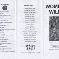 Trifold brochure titled "WOMEN WILL" from Providence College, Slavin 131, Providence, RI 02918. The brochure lists various resources for support services and includes a series of affirmations about what women will achieve. It provides contact information for counseling, health services, and various organizations related to women's issues. The affirmations highlight women's safety, strength, leadership, and success.