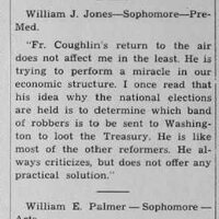A newspaper column titled "Inquiring Reporter" from January 14, 1938, featuring five Providence College students' opinions on Fr. Coughlin's return to radio, with varied perspectives ranging from support to criticism.
