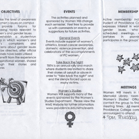 Trifold brochure with sections titled "Objectives," "Events," "Membership," and "Meetings." The brochure discusses raising awareness of women's issues on campus, supporting student-run groups, and providing forums for discussion. It lists various events such as General Events, Take Back the Night, and Women's Studies. Membership details include active participation in groups' activities. Meetings were held in the Philips Memorial Library at 7pm on Thursday nights.