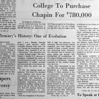 Black and white newspaper page featuring the headline 'College To Purchase Chapin For $780,000,' with additional articles on the history of the college infirmary.