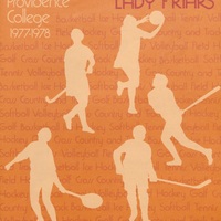 Orange poster for Providence College Lady Friars from 1977-1978, featuring silhouettes of female athletes playing various sports including basketball, tennis, field hockey, and lacrosse.