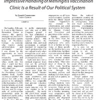 Newspaper opinion article titled 'Witnessing the Better Angels of Our Nature' by Joseph Cammarano, praising the effective handling of a meningitis vaccination clinic through government and local collaboration.