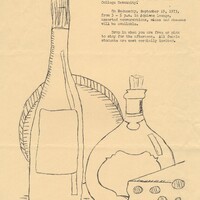 Hand-drawn sketch of two bottles and a wedge of cheese on an aged piece of paper advertising the Women's Liason Committee's wine and cheese event in Aquinas Lounge, September 13, 1973.